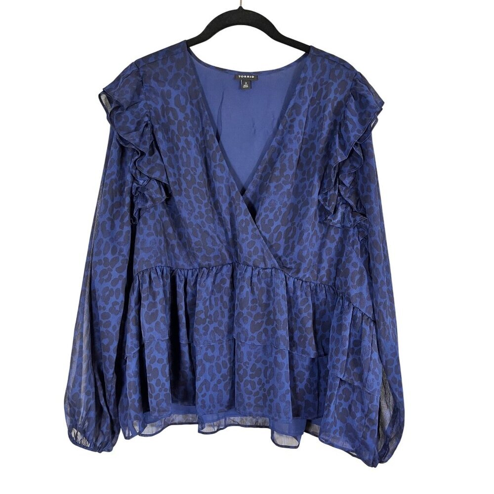 Torrid Animal Print Chiffon Top Blue 3X Peplum Babydoll Sheer Chic Tiered